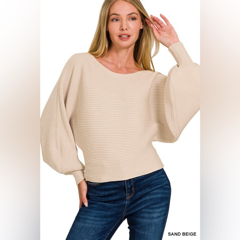 Sand Beige Ribbed Balloon-Sleeve Knit Dress Top